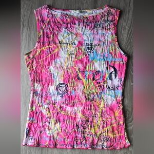 Sno Skins USA Graffiti Print Neon Pink Smocked Stretch Tank Top Y2K